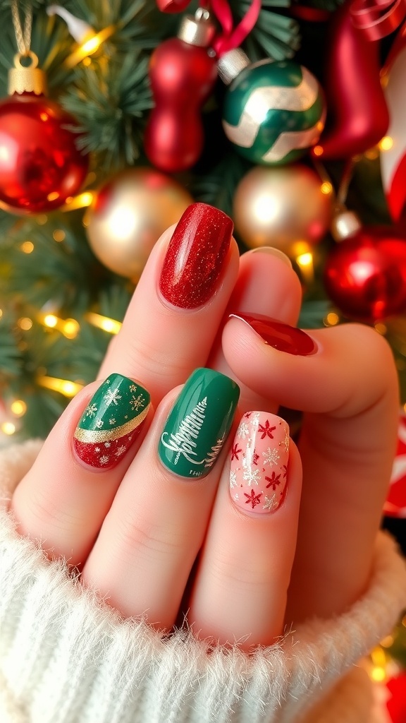 Festive dip nails in red, green, and gold with holiday designs, surrounded by Christmas decorations.